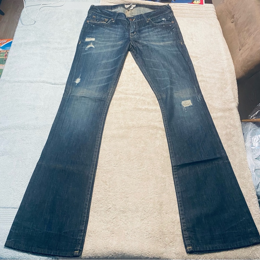 PRVCY Jeans women size 31 boot cut 9” rise 34” inseam contrast stitch